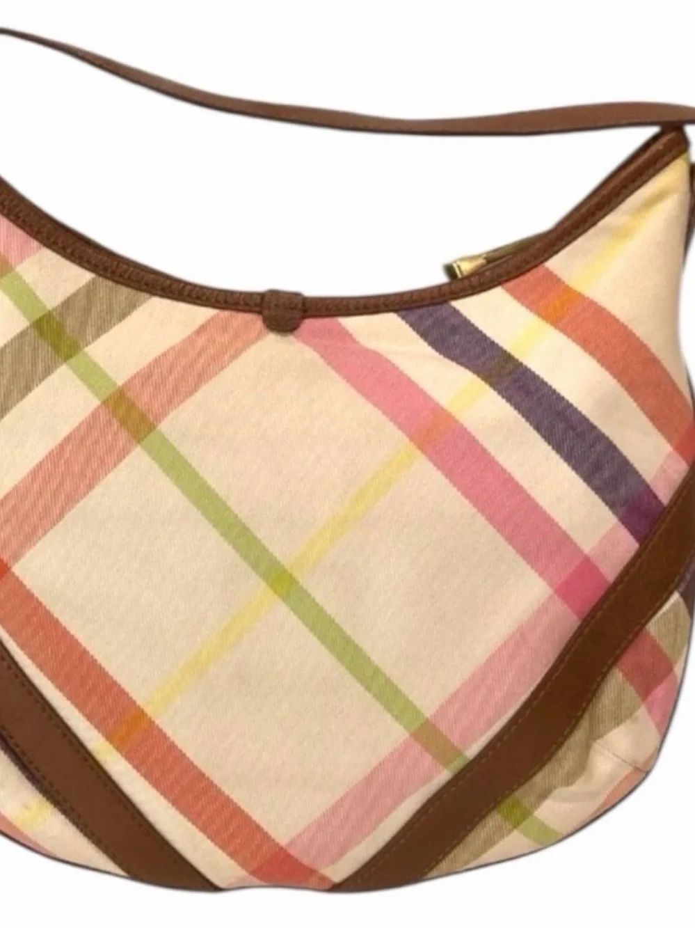 Burberry Pastel Plaid Canvas Shoulder Bag with Brown Leather Trim